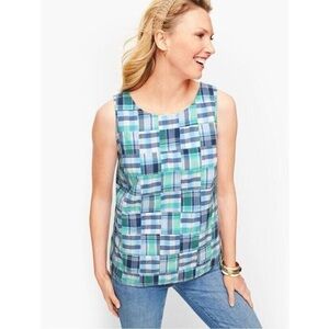 Talbots sleeveless blue/green patchwork blouse with back buttons 1X
